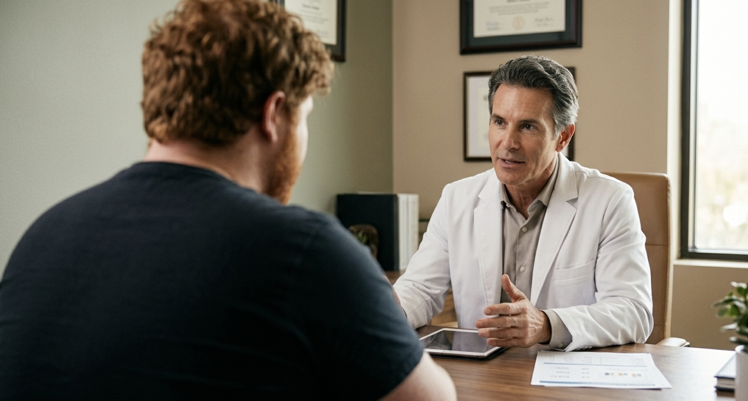 Julian talking with his doctor during a consultation